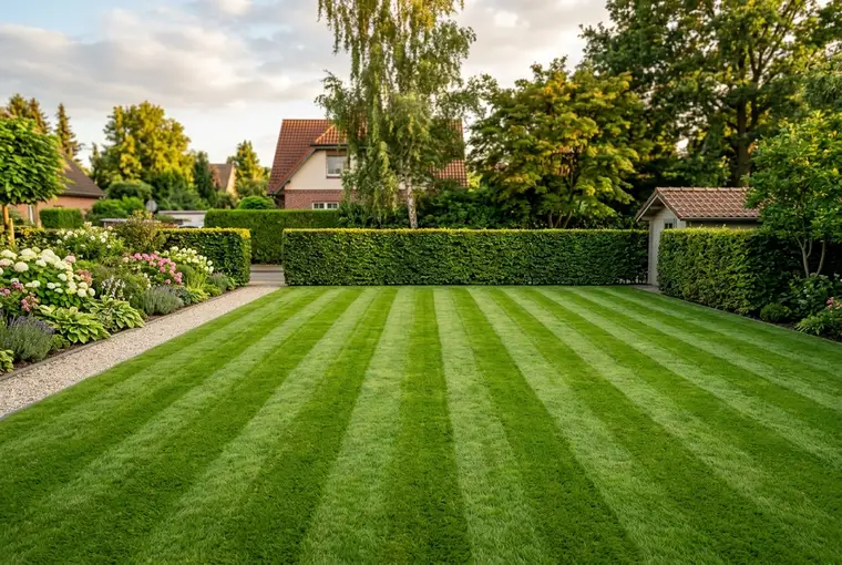 Symbolbild – frisch gemähter Rasen mit geschnittener Hecke