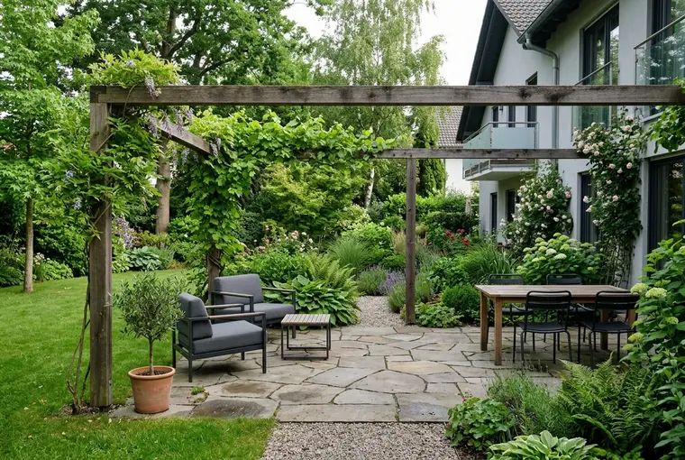 Symbolbild – moderne Gartenterrasse mit Pergola und Bepflanzung